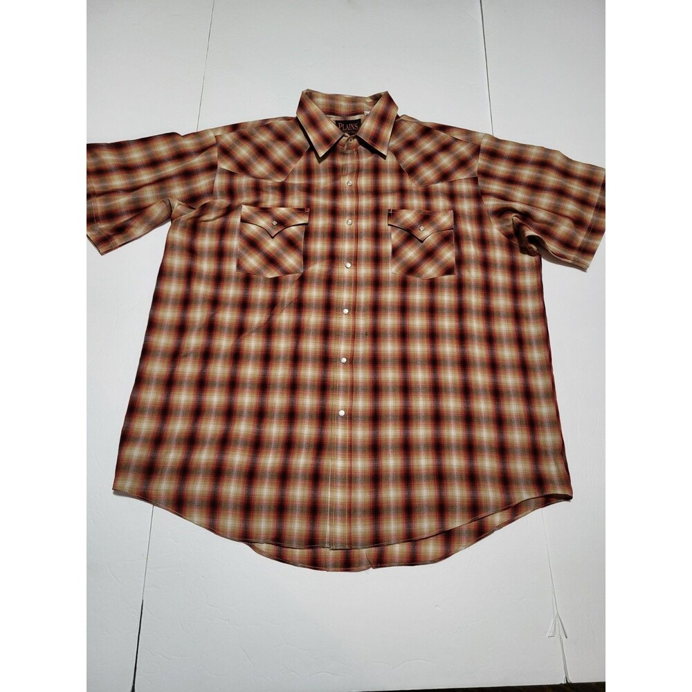 (#17)  Plains Western Wear Pearl Snap Short Sleeve, Red Plaid Size Men's XL